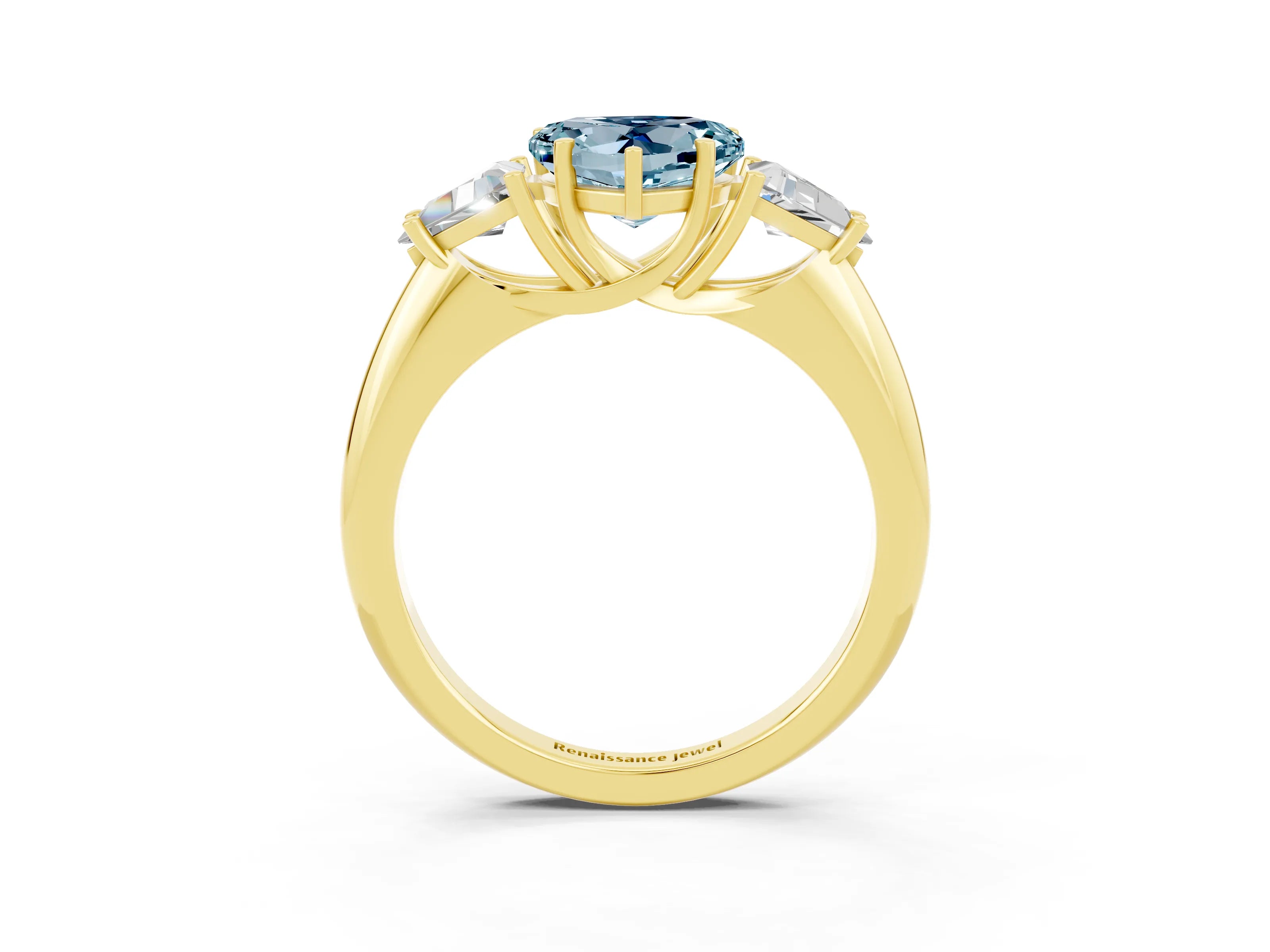 Yellow gold Three-Stone Heart Cut Cut Diamond Ring with Trillion Side Stones and Four-Prong Setting_3