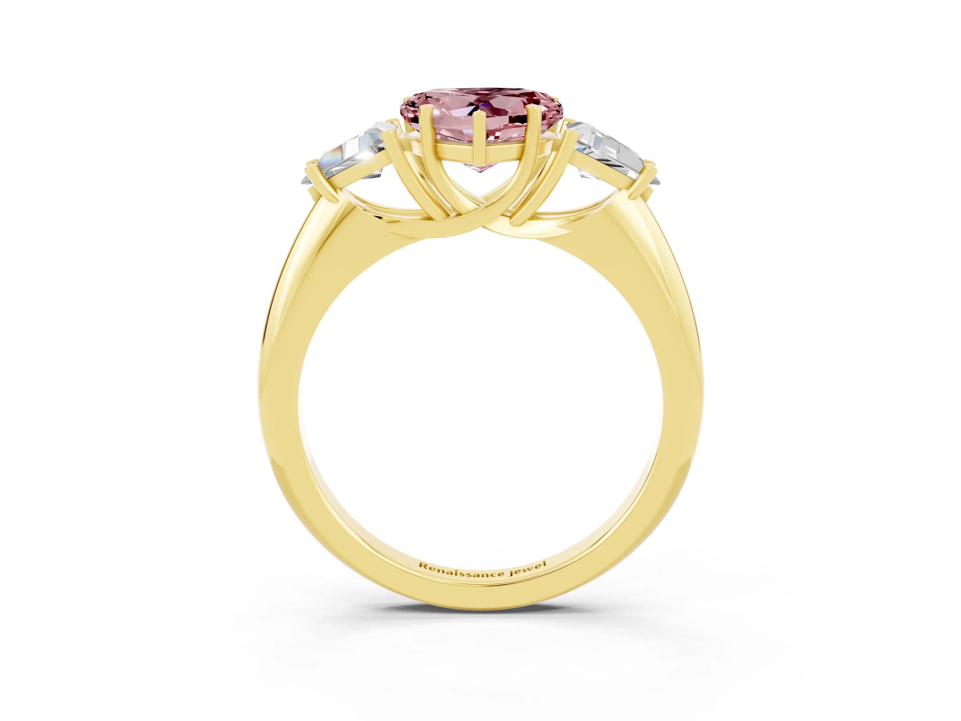 Yellow gold Three-Stone Heart Cut Cut Diamond Ring with Trillion Side Stones and Four-Prong Setting_3