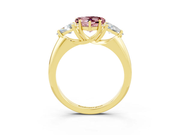 Yellow gold Three-Stone Heart Cut Cut Diamond Ring with Trillion Side Stones and Four-Prong Setting