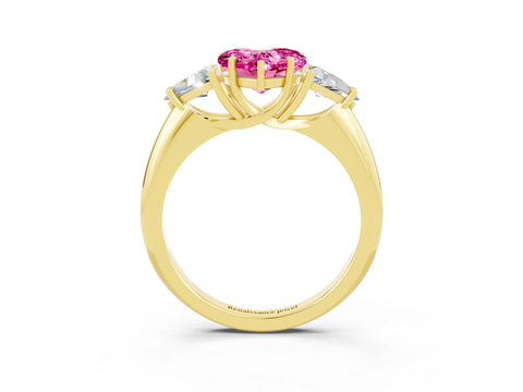 Yellow gold Three-Stone Heart Cut Cut Diamond Ring with Trillion Side Stones and Four-Prong Setting_3