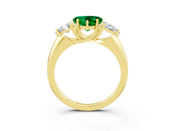 Yellow gold Three-Stone Heart Cut Emerald Engagement Ring with Trillion Side Stones and Prong Setting