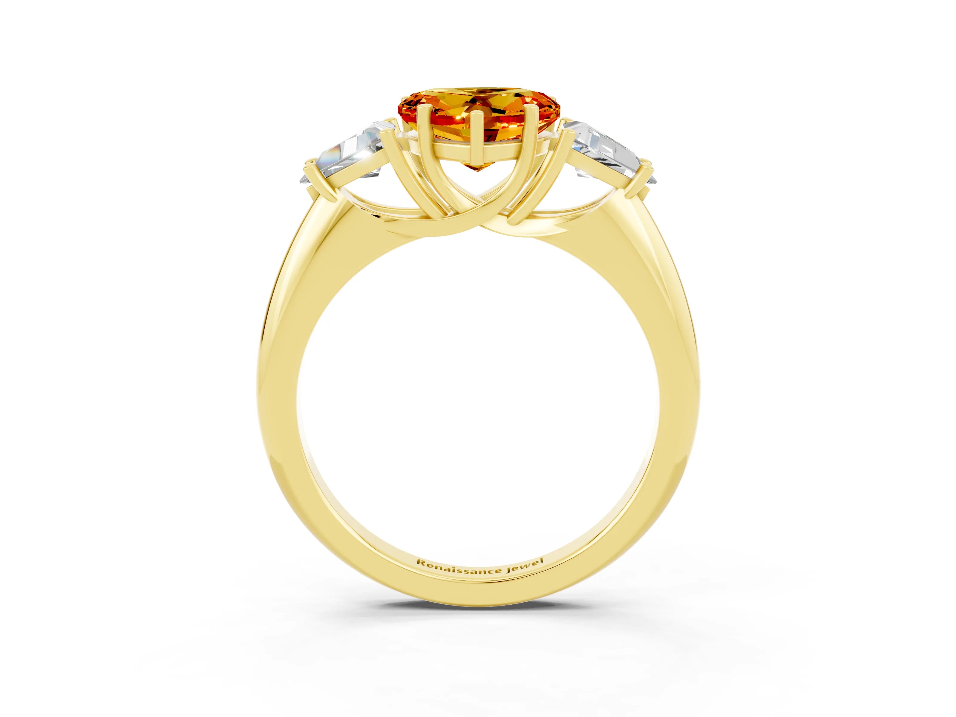 Yellow gold Three-Stone Heart Cut Cut Diamond Ring with Trillion Side Stones and Four-Prong Setting_3