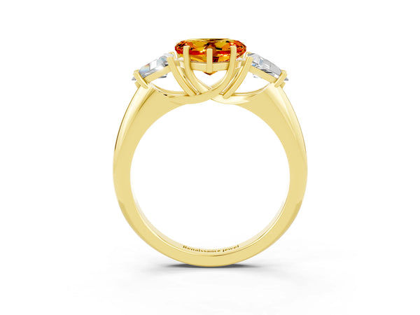 Yellow gold Three-Stone Heart Cut Citrine Engagement Ring with Trillion Side Stones and Prong Setting
