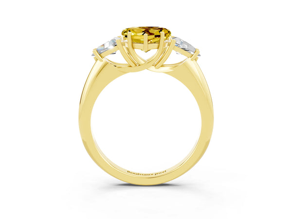 Yellow gold Three-Stone Heart Cut Yellow Sapphire Engagement Ring with Trillion Side Stones and Prong Setting