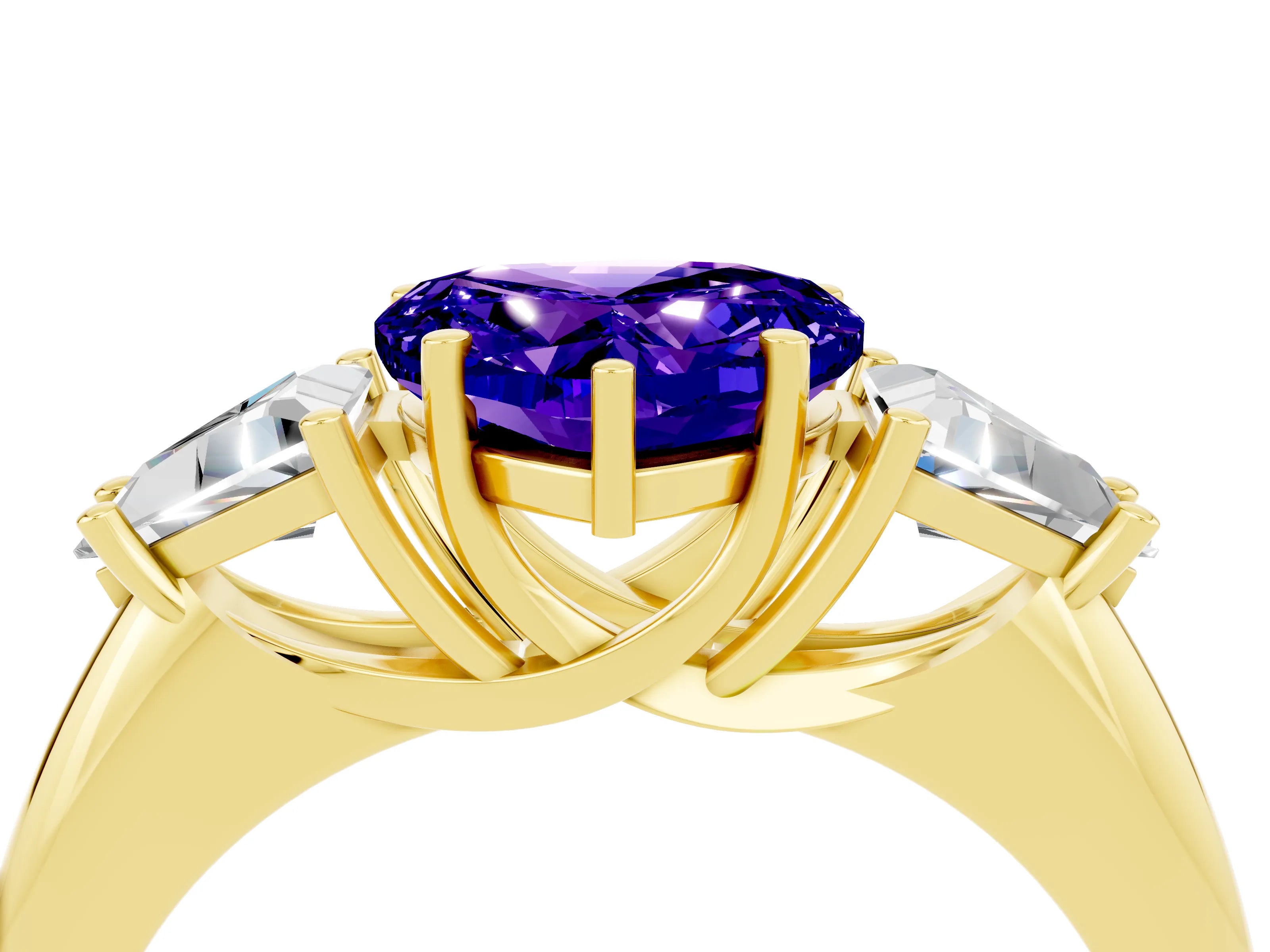 Yellow gold Three-Stone Heart Cut Cut Diamond Ring with Trillion Side Stones and Four-Prong Setting_4