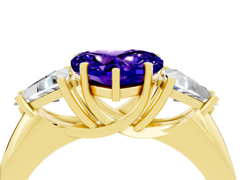 Yellow gold Three-Stone Heart Cut Cut Diamond Ring with Trillion Side Stones and Four-Prong Setting_4