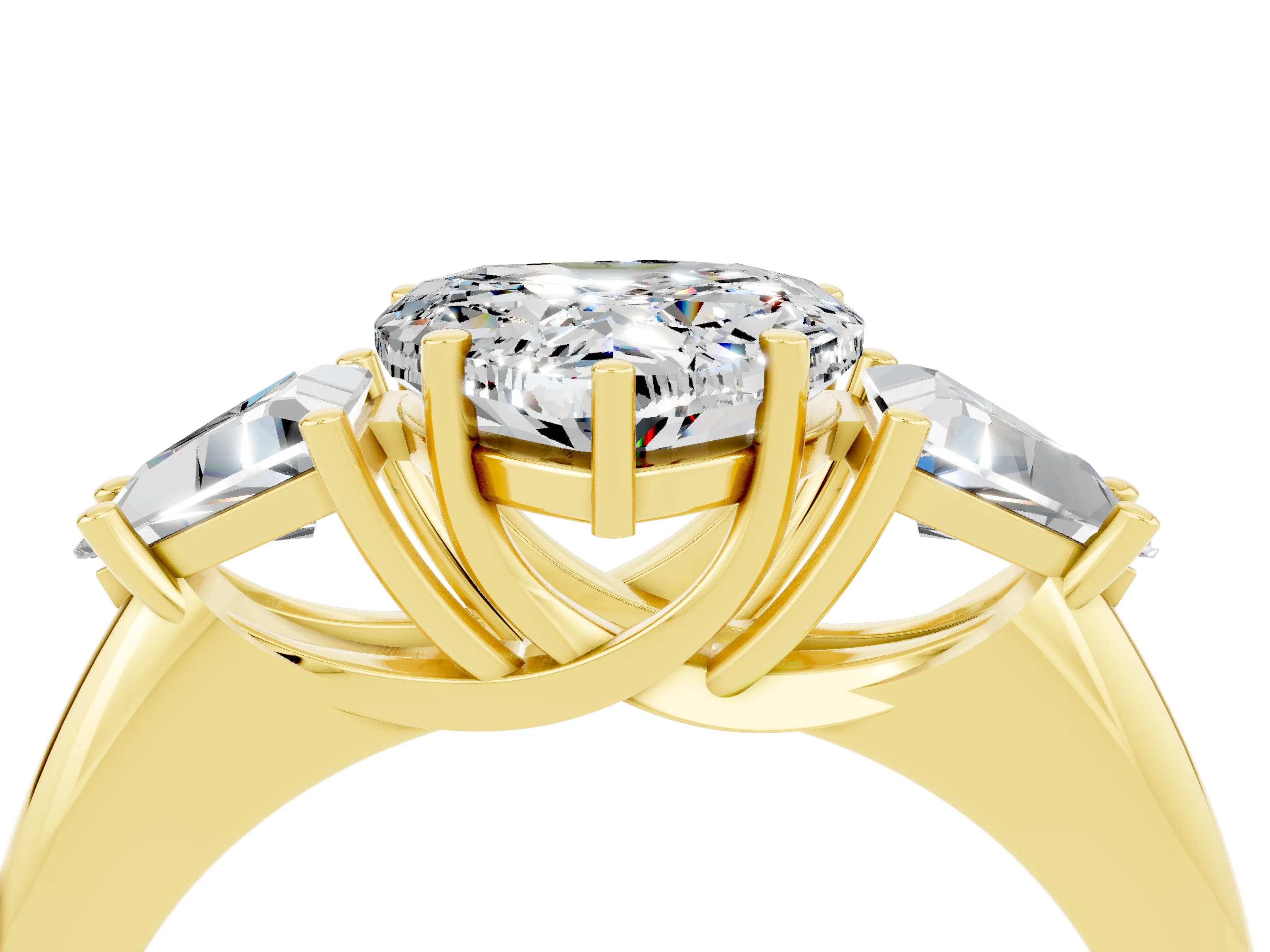 Yellow gold Three-Stone Heart Cut Cut Diamond Ring with Trillion Side Stones and Four-Prong Setting_4