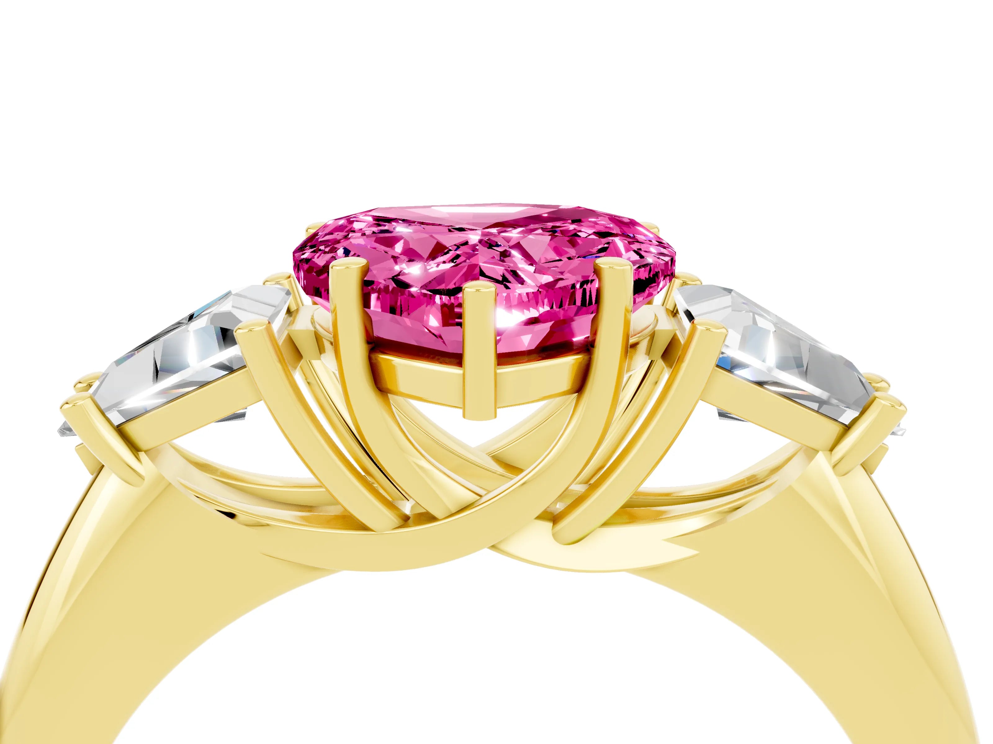 Yellow gold Three-Stone Heart Cut Cut Diamond Ring with Trillion Side Stones and Four-Prong Setting_4