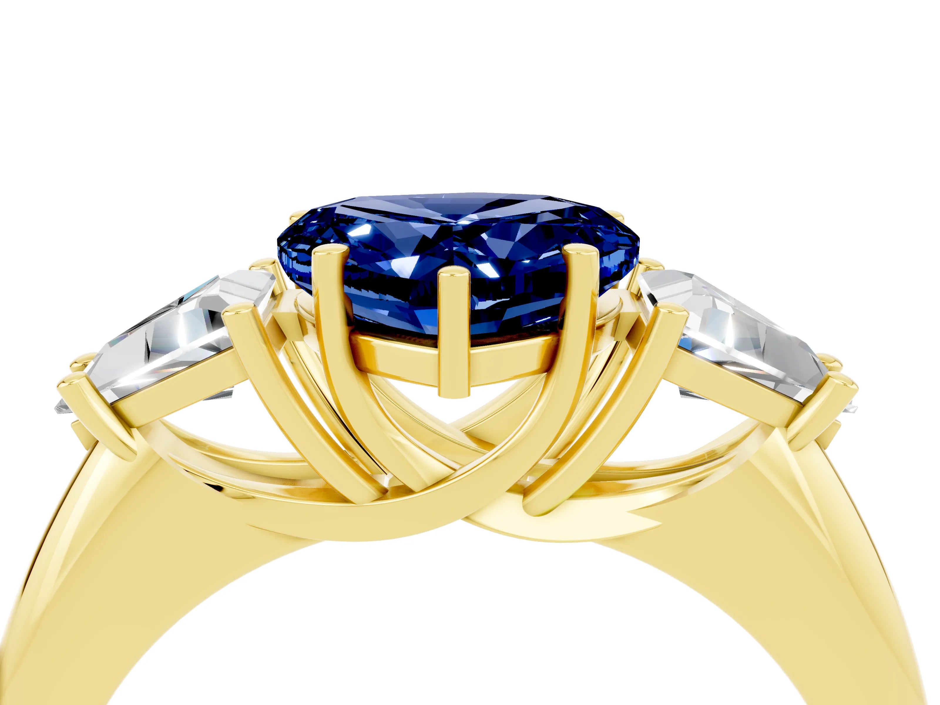 Yellow gold Three-Stone Heart Cut Cut Diamond Ring with Trillion Side Stones and Four-Prong Setting_4