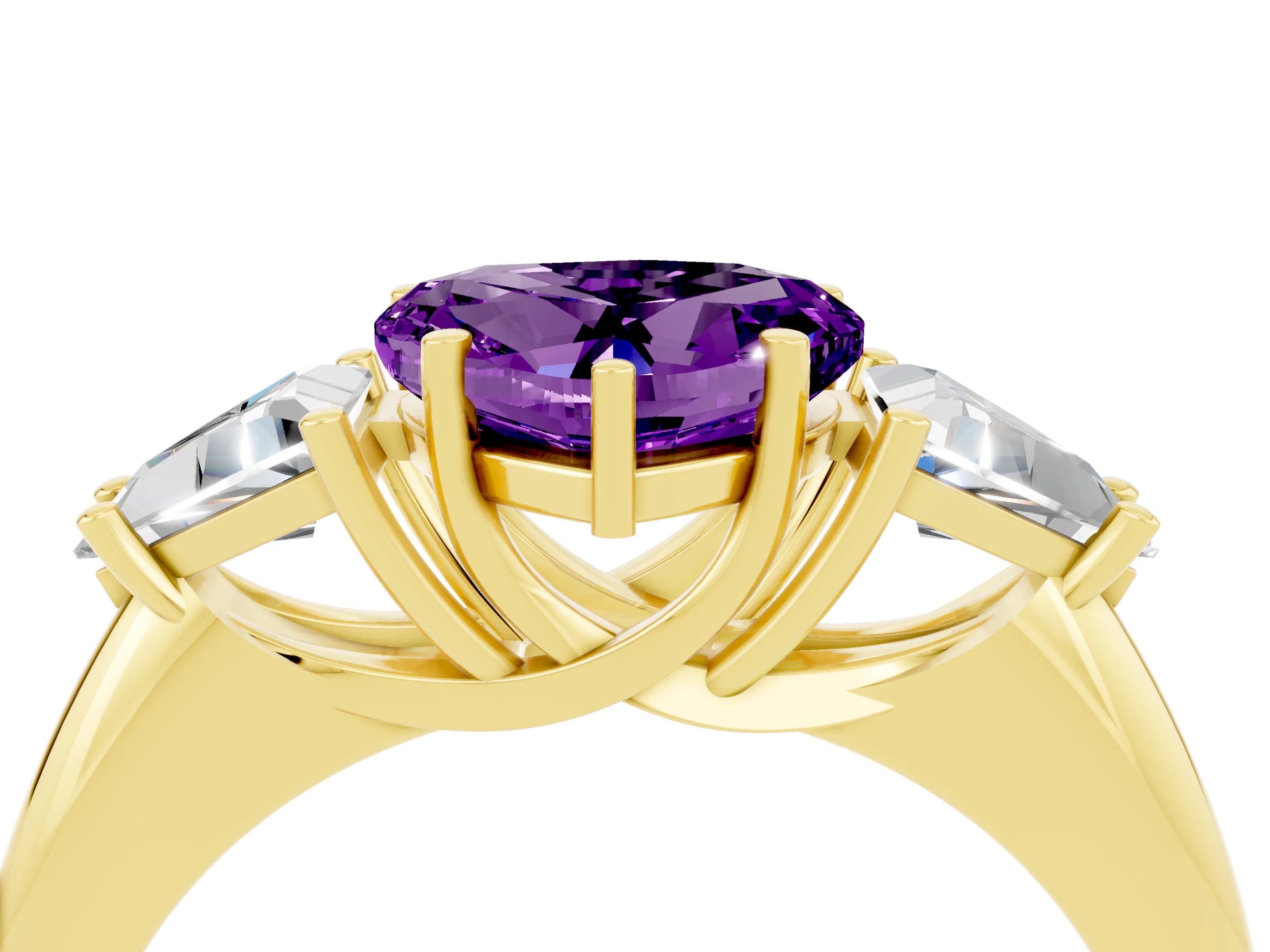 Yellow gold Three-Stone Heart Cut Cut Diamond Ring with Trillion Side Stones and Four-Prong Setting_4