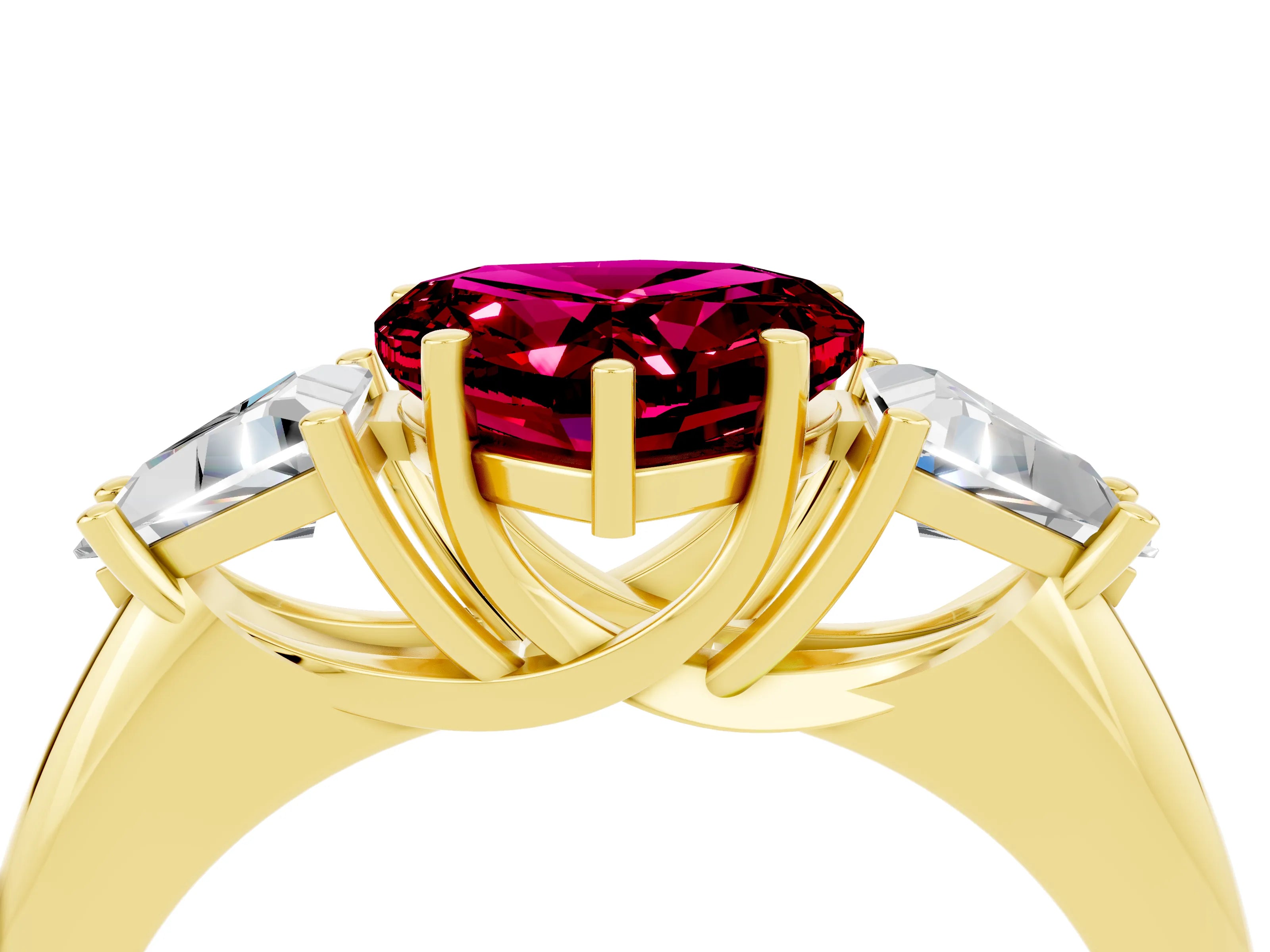 Yellow gold Three-Stone Heart Cut Cut Diamond Ring with Trillion Side Stones and Four-Prong Setting_4