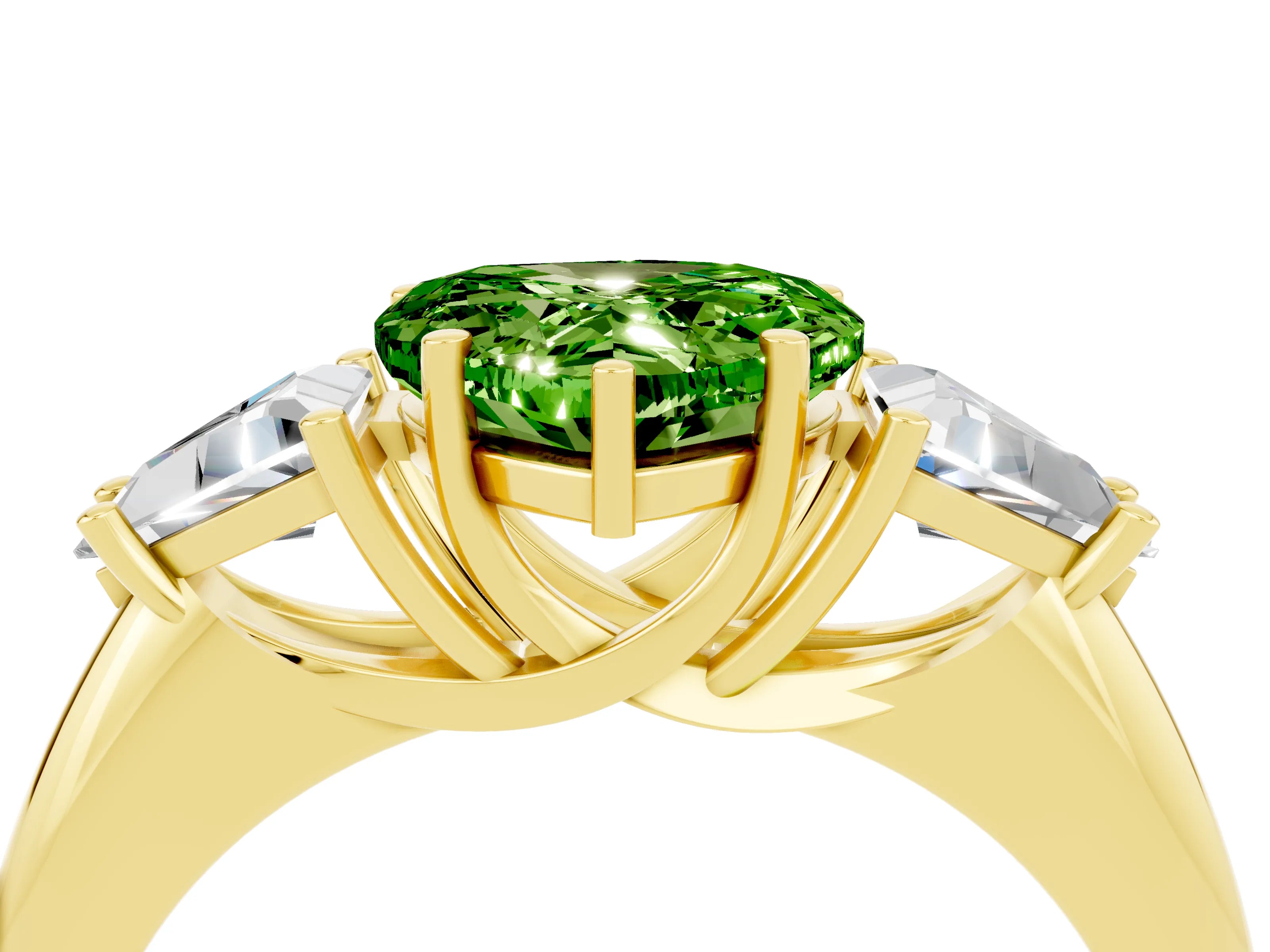 Yellow gold Three-Stone Heart Cut Cut Diamond Ring with Trillion Side Stones and Four-Prong Setting_4