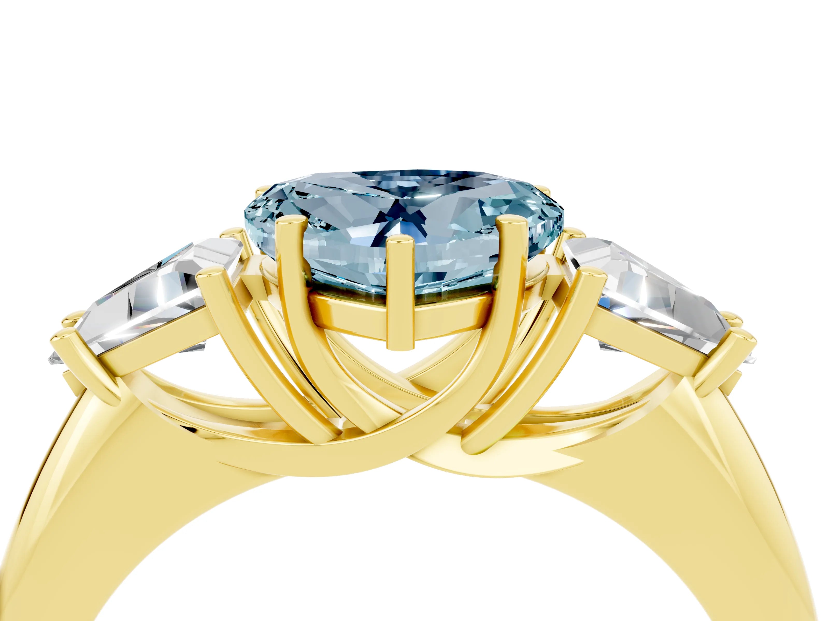 Yellow gold Three-Stone Heart Cut Cut Diamond Ring with Trillion Side Stones and Four-Prong Setting_4