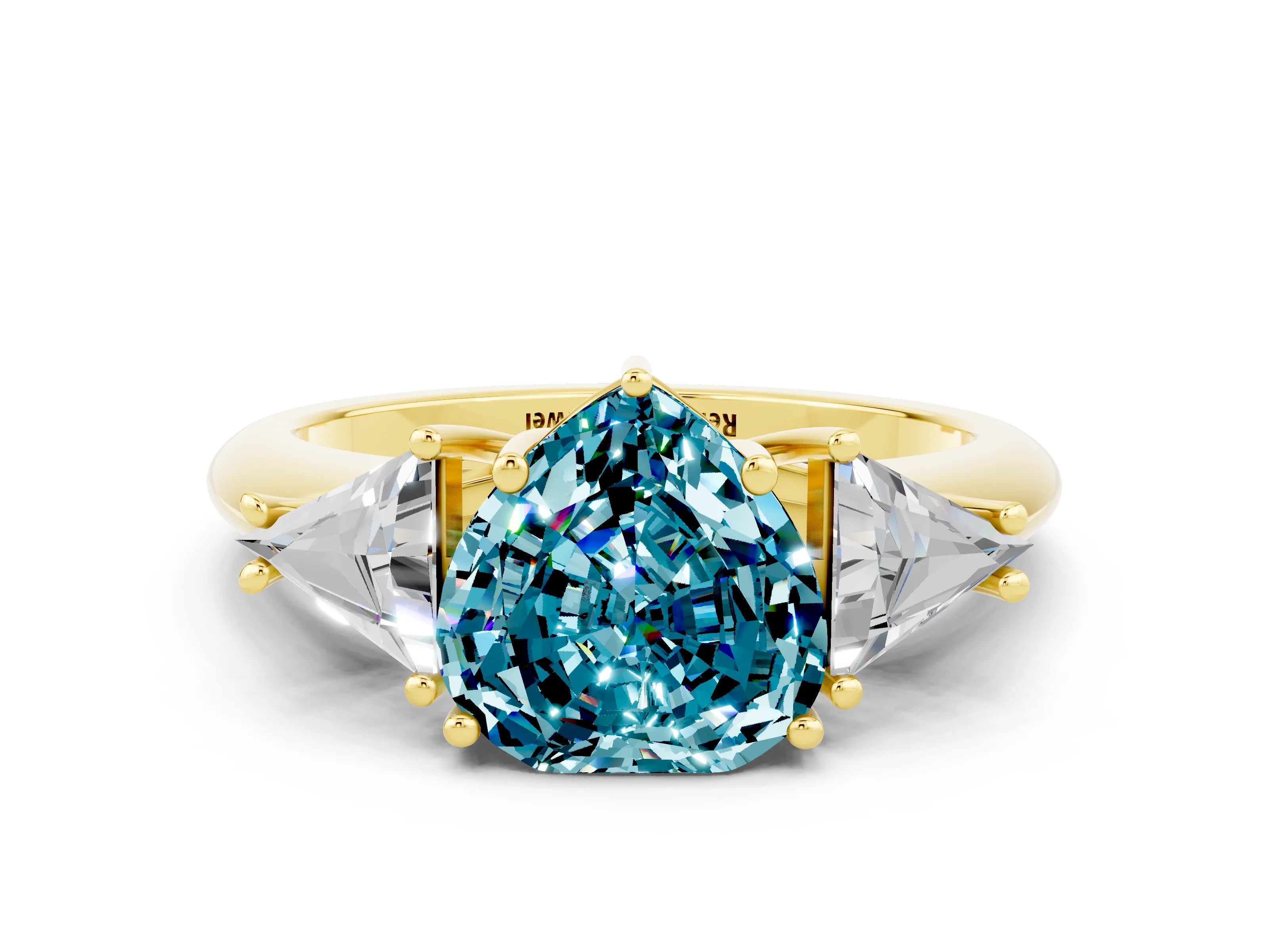 Yellow gold Three-Stone Heart Cut Cut Diamond Ring with Trillion Side Stones and Four-Prong Setting