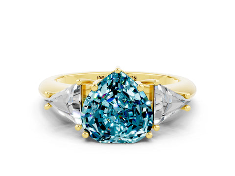 Yellow gold Three-Stone Heart Cut Cut Diamond Ring with Trillion Side Stones and Four-Prong Setting