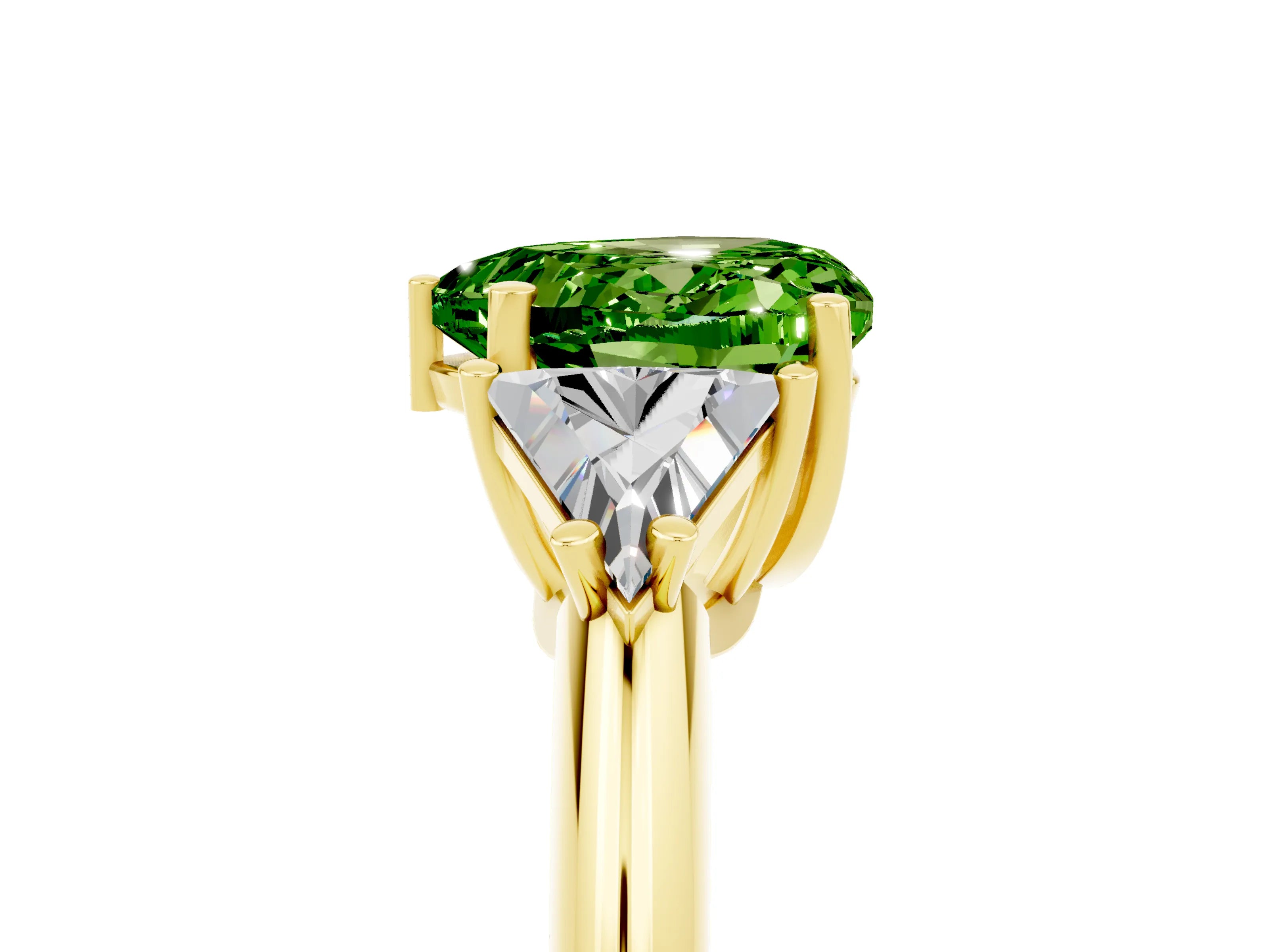 Yellow gold Three-Stone Heart Cut Cut Diamond Ring with Trillion Side Stones and Four-Prong Setting_5