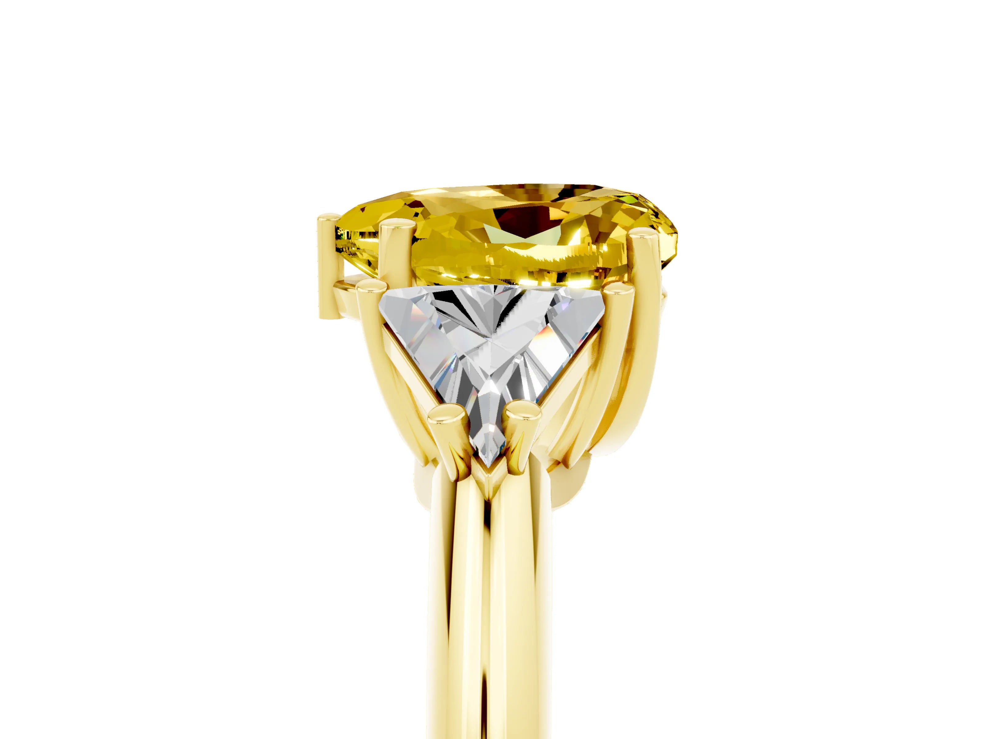 Yellow gold Three-Stone Heart Cut Cut Diamond Ring with Trillion Side Stones and Four-Prong Setting_5