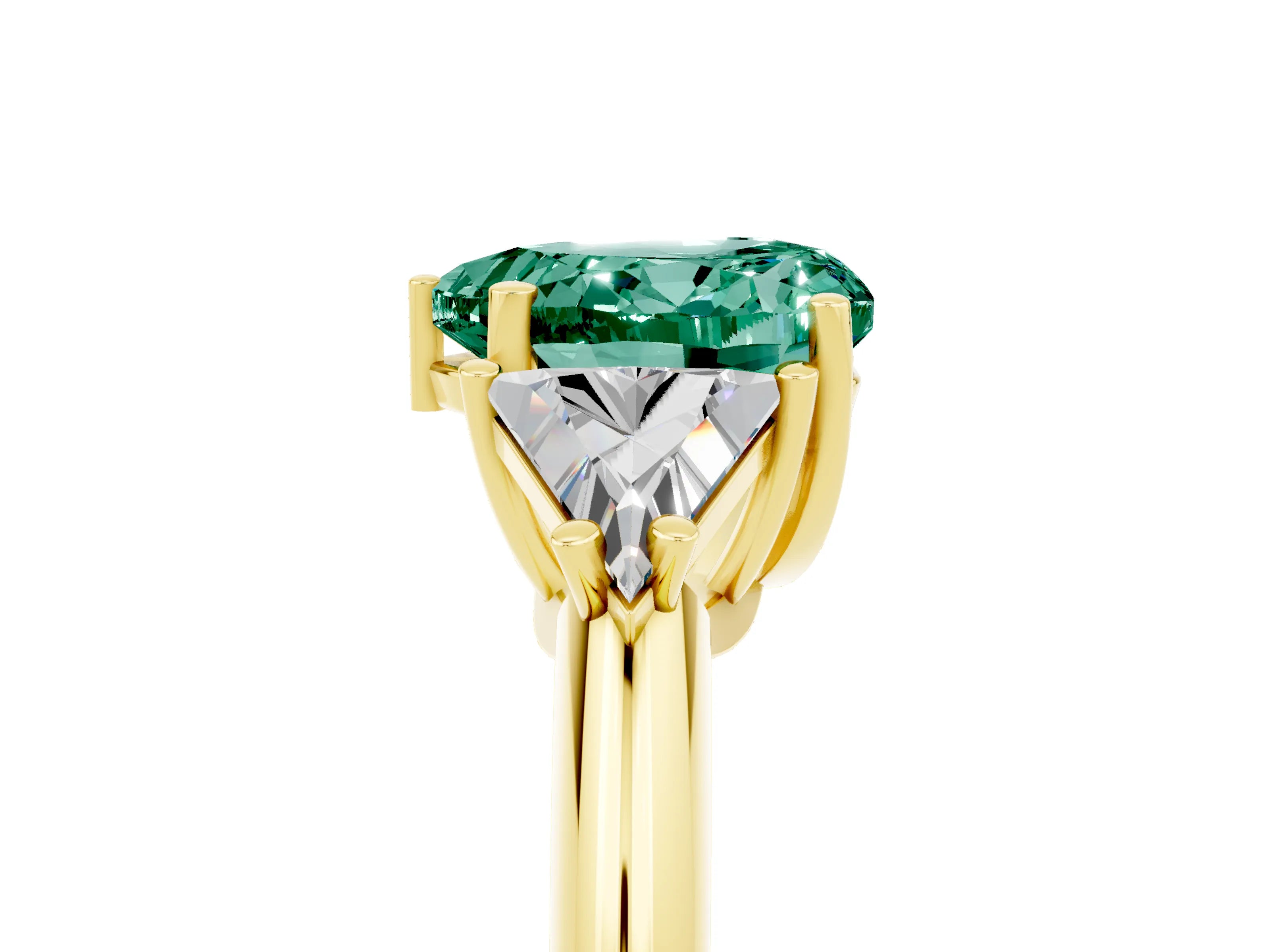 Yellow gold Three-Stone Heart Cut Cut Diamond Ring with Trillion Side Stones and Four-Prong Setting_5