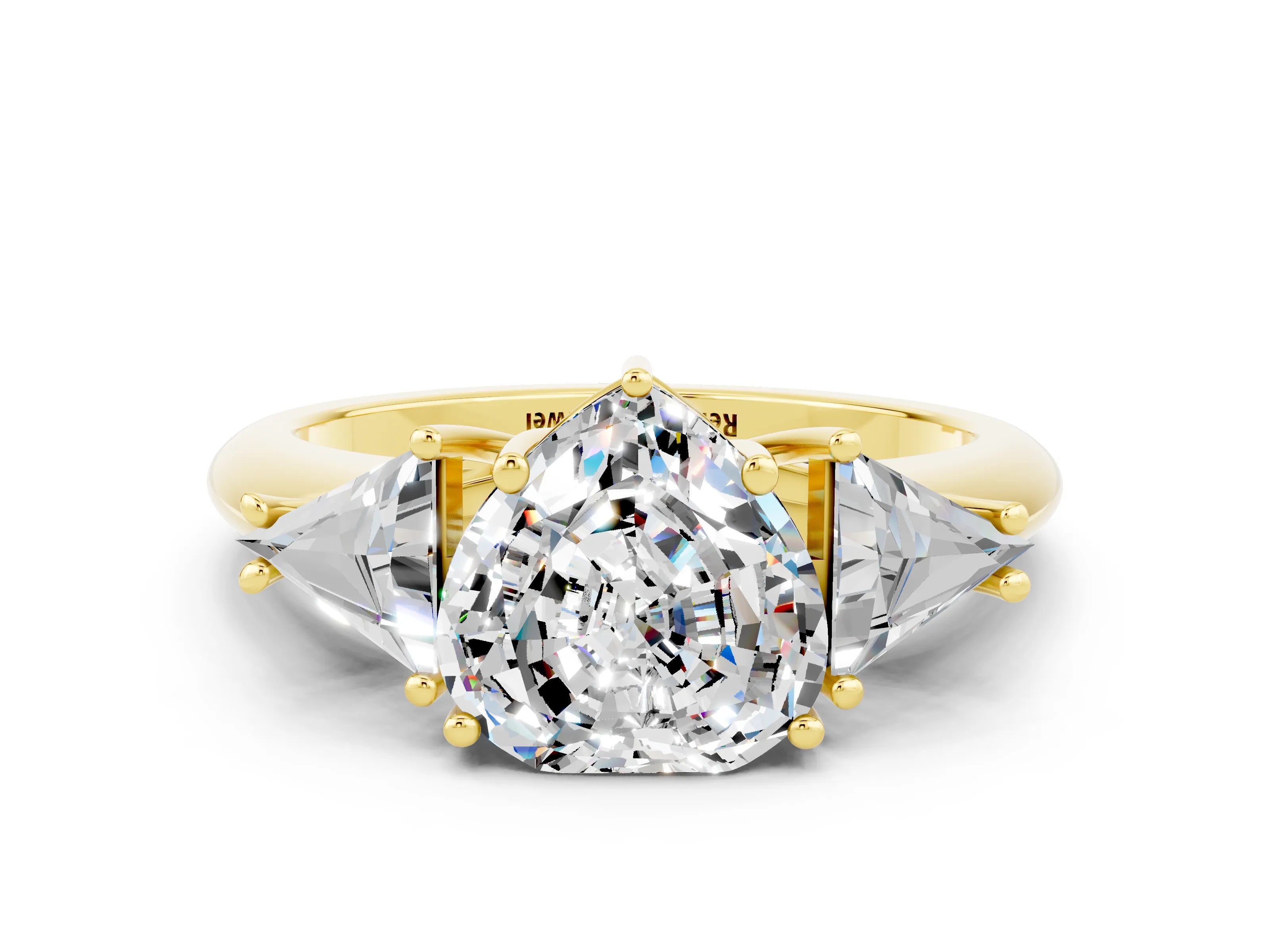 Yellow gold Three-Stone Heart Cut Cut Diamond Ring with Trillion Side Stones and Four-Prong Setting