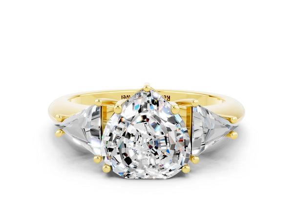 Yellow gold Three-Stone Heart Cut Moissanite Engagement Ring with Trillion Side Stones and Prong Setting