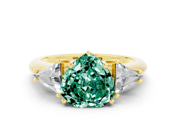Yellow gold Three-Stone Heart Cut Cut Diamond Ring with Trillion Side Stones and Four-Prong Setting