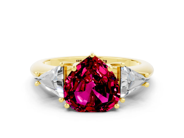 Yellow gold Three-Stone Heart Cut Garnet Engagement Ring with Trillion Side Stones and Prong Setting