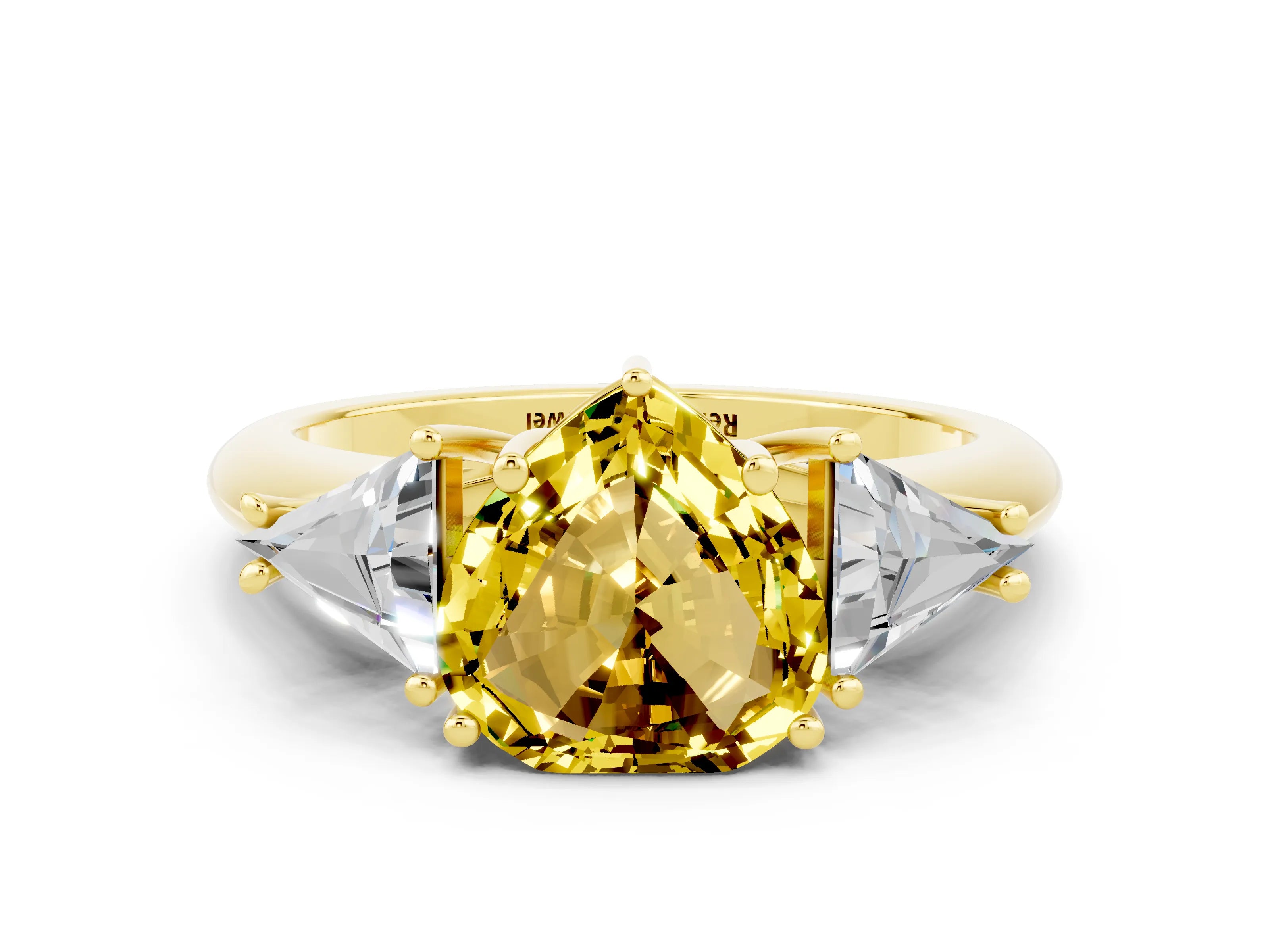 Yellow gold Three-Stone Heart Cut Cut Diamond Ring with Trillion Side Stones and Four-Prong Setting