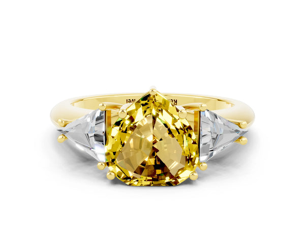 Yellow gold Three-Stone Heart Cut Yellow Sapphire Engagement Ring with Trillion Side Stones and Prong Setting