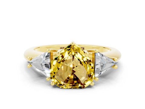 Yellow gold Three-Stone Heart Cut Cut Diamond Ring with Trillion Side Stones and Four-Prong Setting