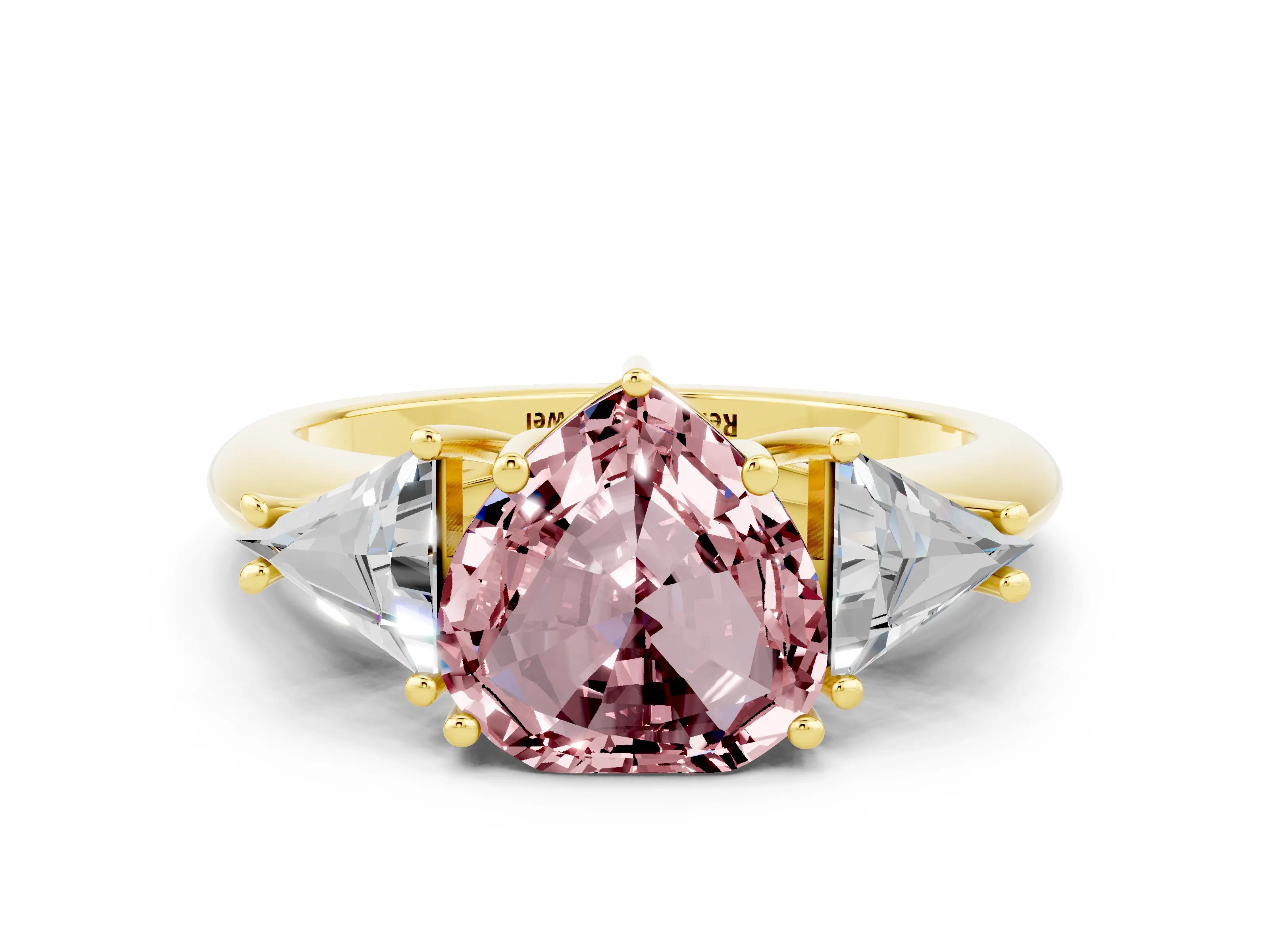 Yellow gold Three-Stone Heart Cut Cut Diamond Ring with Trillion Side Stones and Four-Prong Setting