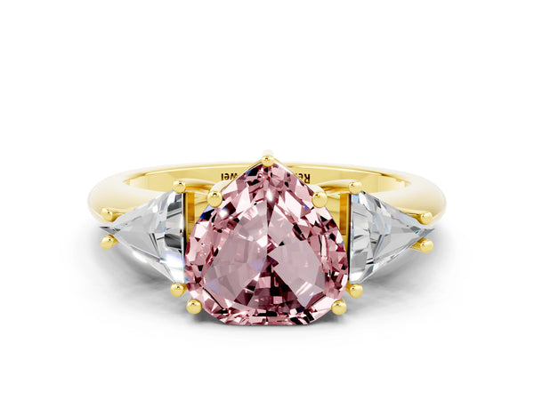 Yellow gold Three-Stone Heart Cut Cut Diamond Ring with Trillion Side Stones and Four-Prong Setting