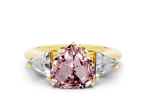 Yellow gold Three-Stone Heart Cut Cut Diamond Ring with Trillion Side Stones and Four-Prong Setting