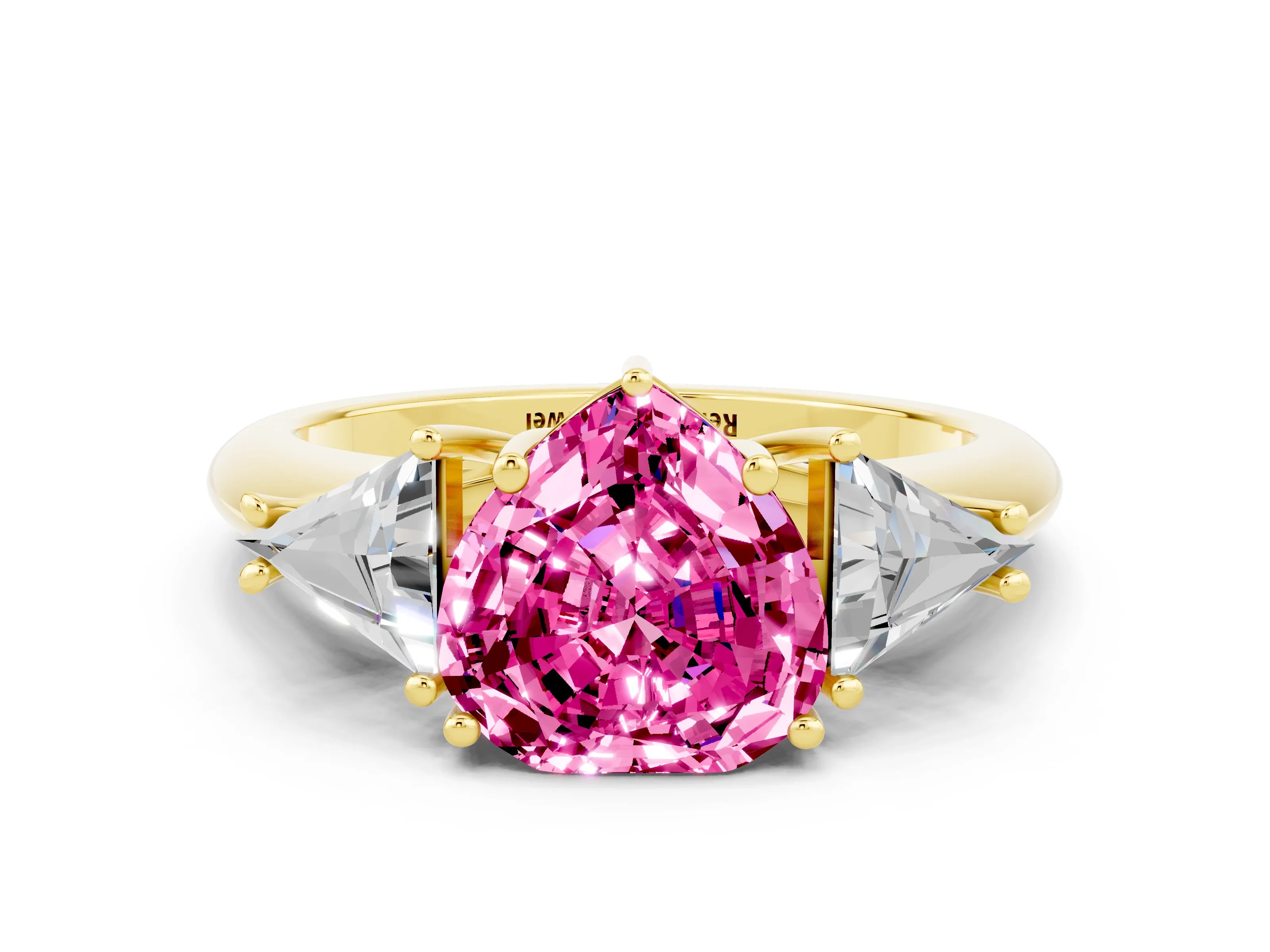 Yellow gold Three-Stone Heart Cut Cut Diamond Ring with Trillion Side Stones and Four-Prong Setting