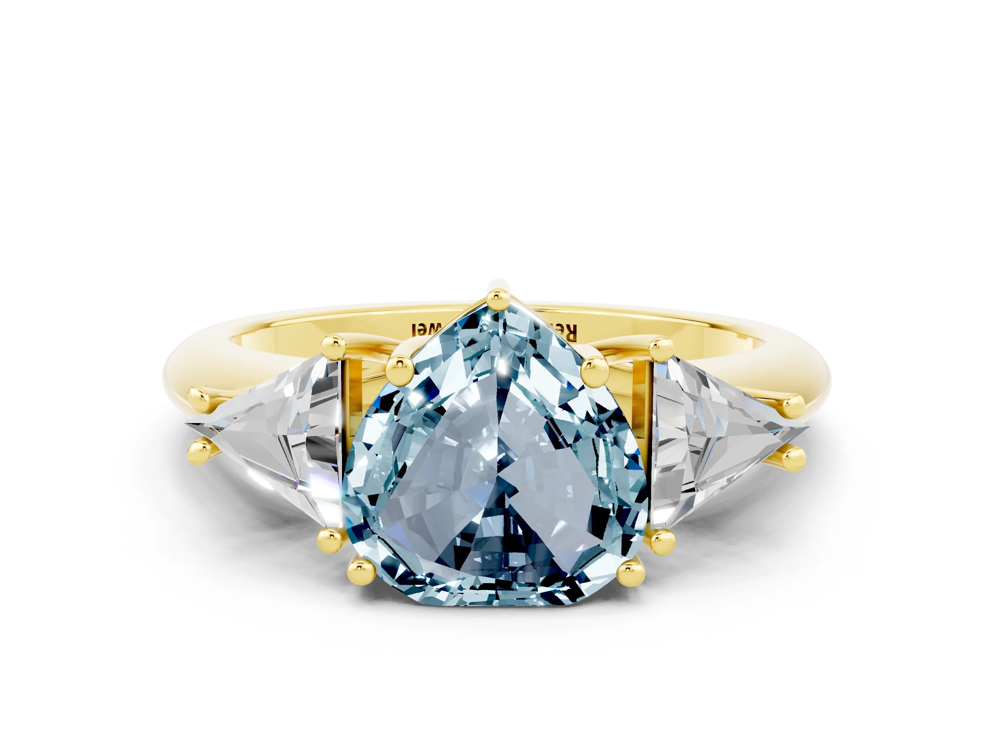 Yellow gold Three-Stone Heart Cut Cut Diamond Ring with Trillion Side Stones and Four-Prong Setting