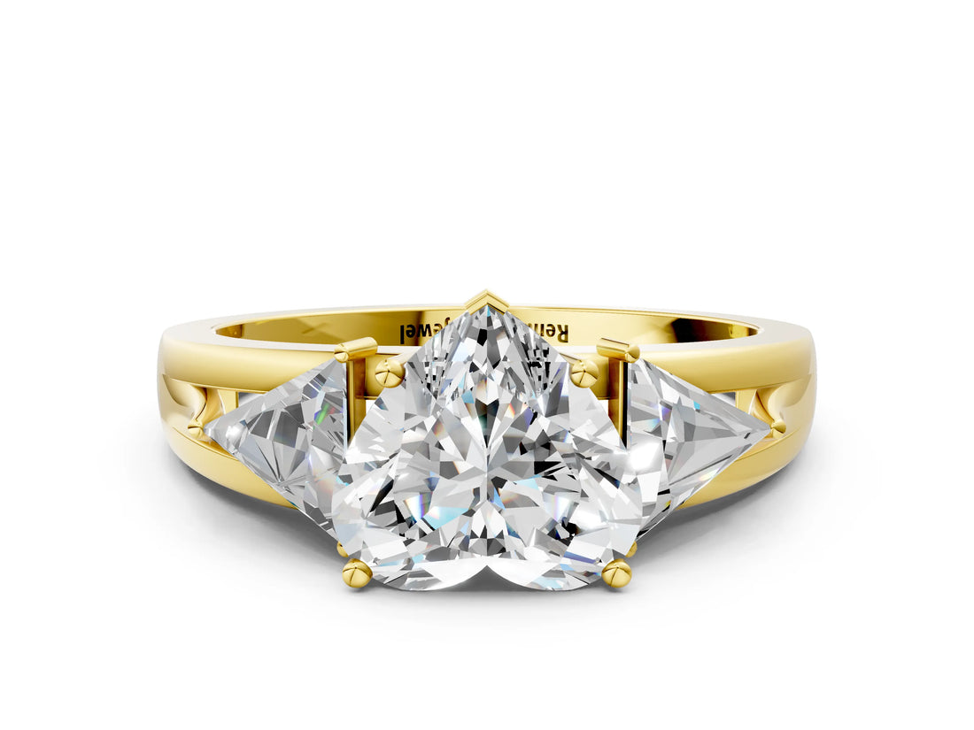 Yellow gold Three-Stone Heart Cut Cut Diamond Ring with Trillion Side Stones on a Split Shank Band_15