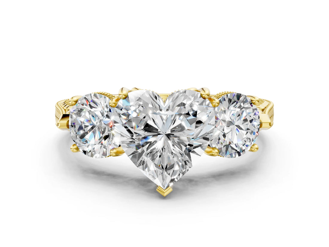 Yellow gold Three-Stone Heart Cut Cut Milgrain Band Prong Setting Ring_31