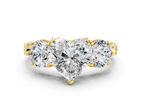 Yellow Gold Heart-Shaped Vintage Three Stone Engagement Ring Setting