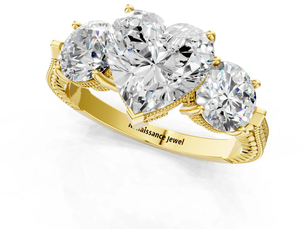Yellow Gold Heart-Shaped Vintage Three Stone Engagement Ring Setting