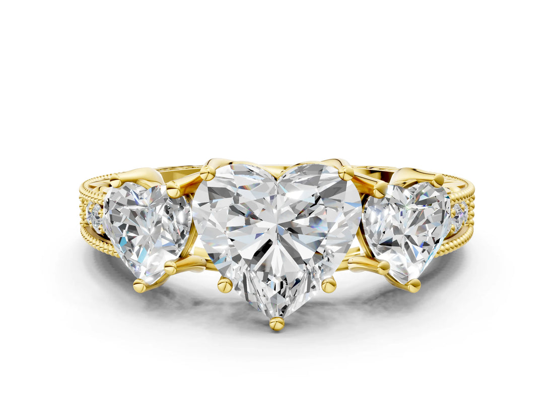Yellow gold Three-Stone Heart Cut Cut Milgrain Pavé Engagement Ring_15
