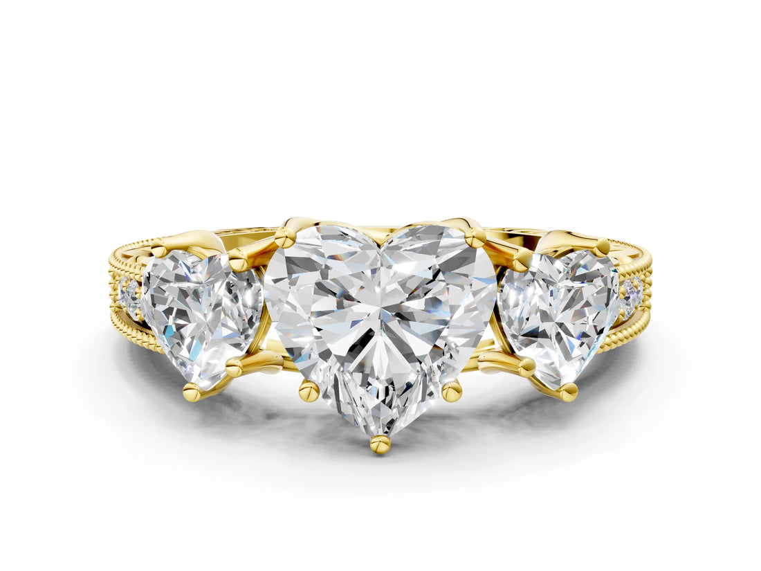 Yellow gold Three-Stone Heart Cut Cut Milgrain Pavé Engagement Ring_3