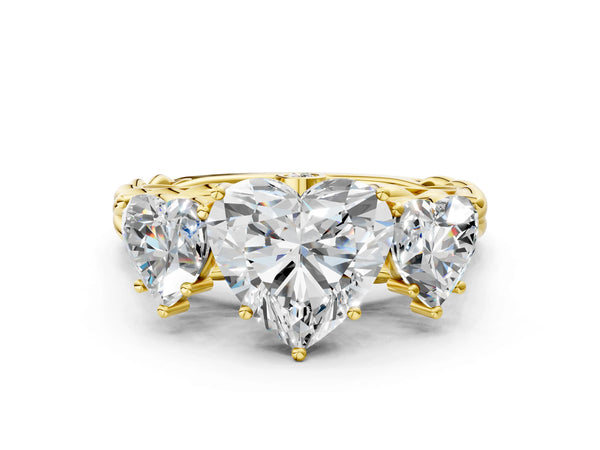 Yellow gold Three-Stone Heart Cut Diamond Braided Band Ring with Four-Prong Setting