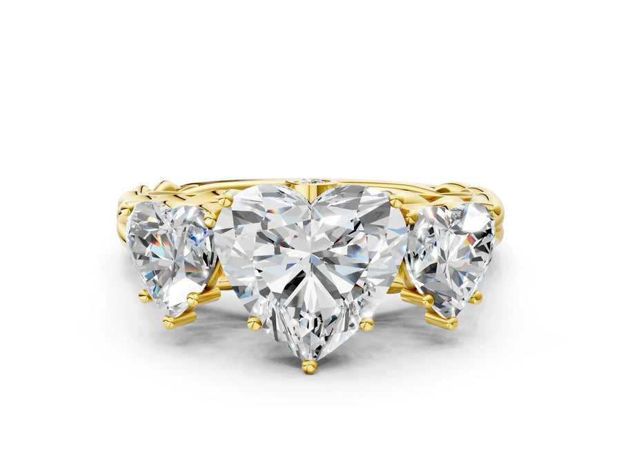 Yellow gold Three-Stone Heart Cut Diamond Braided Band Ring with Four-Prong Setting