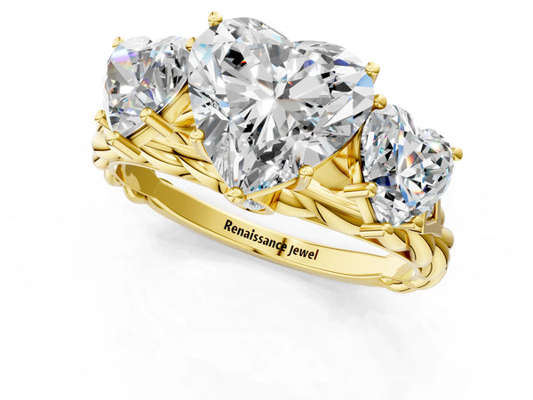 Yellow gold Three-Stone Heart Cut Diamond Braided Band Ring with Four-Prong Setting