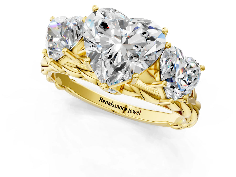 Yellow gold Three-Stone Heart Cut Diamond Braided Band Ring with Four-Prong Setting