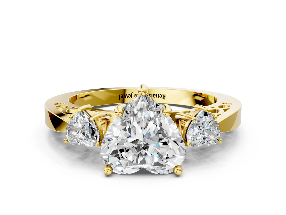 Yellow gold Three-Stone Heart Cut Diamond Cathedral Engagement Ring with Prong Setting_6