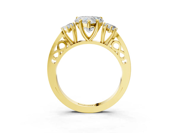 Yellow gold Three-Stone Heart Cut Diamond Cathedral Engagement Ring with Prong Setting