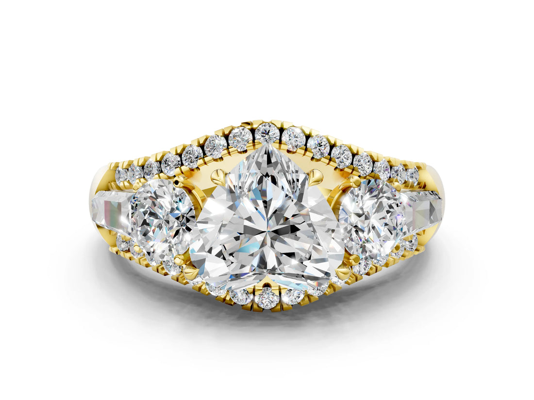 Yellow gold Three-Stone Heart Cut Diamond Engagement Ring with Pave Band and Prong Setting_2