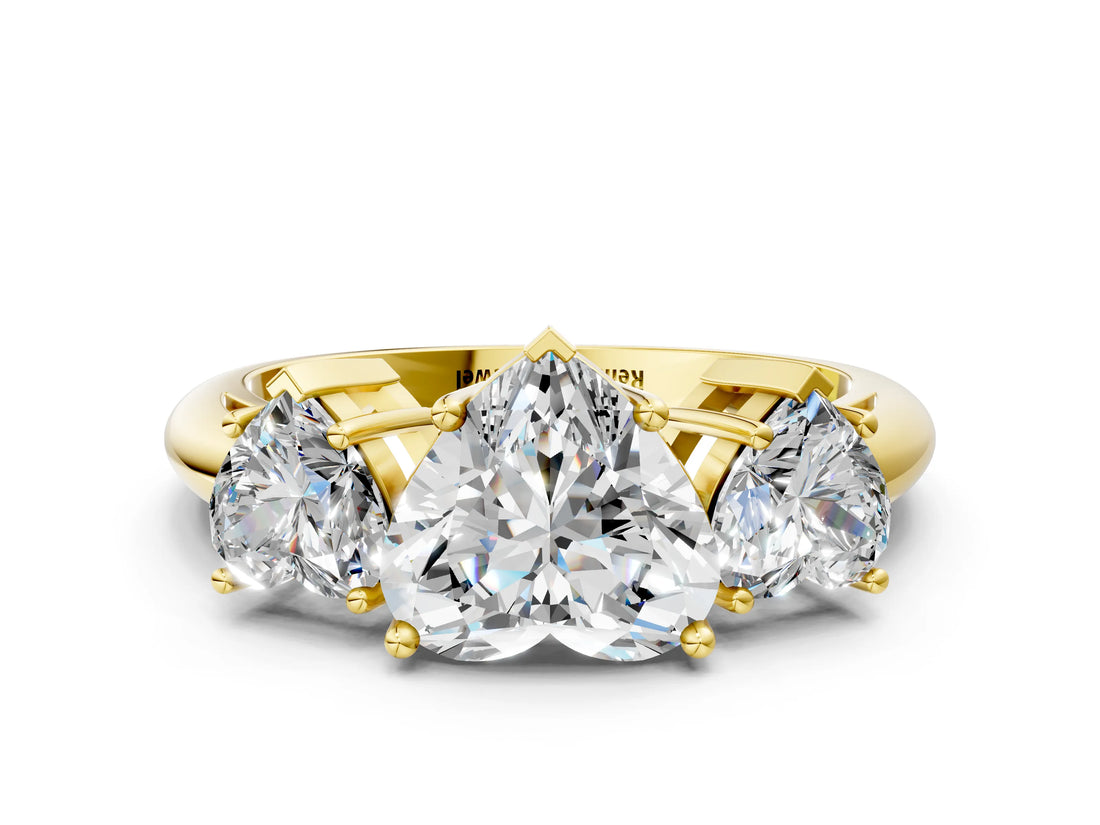 Yellow gold Three-Stone Heart Cut Diamond Engagement Ring with Prong Setting on a White Gold Band_6