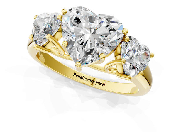 Yellow gold Three-Stone Heart Cut Diamond Engagement Ring with Prong Setting