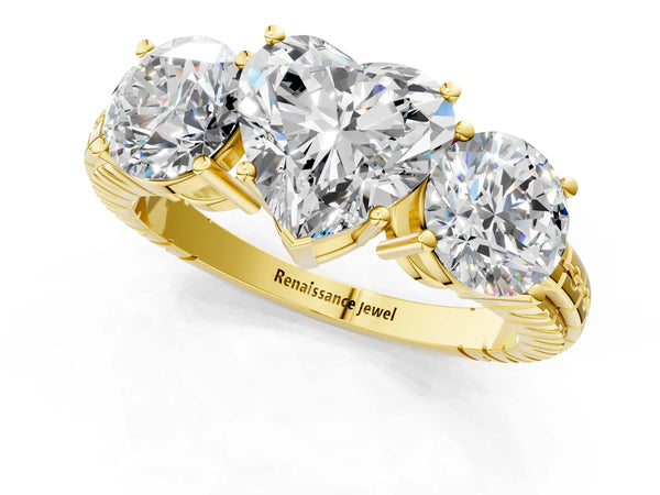 Yellow Gold Heart-Shaped Three-Stone Engagement Ring Setting with Engraved Notched Band